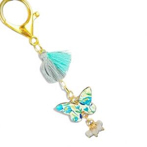 Colorful Turquoise/gray Tone Butterfly & Tassel Bag Charm/ Keychain Hand Crafted